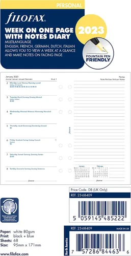 Vista 9 de Filofax Calendario de recambio de diario, tamaño personal/compacto, semana en una página con notas, libro blanco, multilingüe: cinco idiomas, 2025