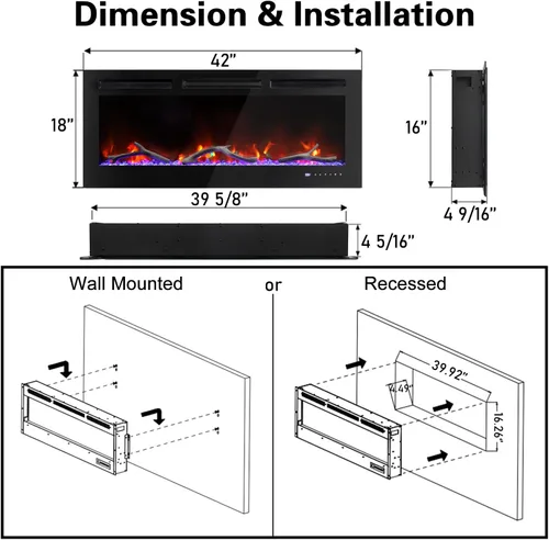 Vista 5 de Cheerway Chimenea eléctrica inteligente WiFi de 42 pulgadas, calentador eléctrico empotrado y montado en la pared con sonido crepitante y llama