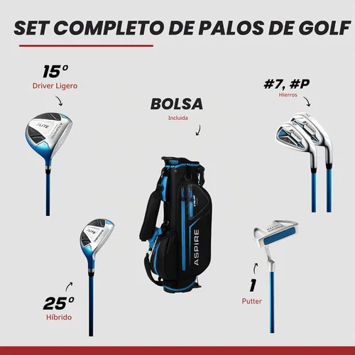 Vista 2 de Aspire X-Lite - Junior Complete Golf Club Set Lightweight Design, Driver & Hybrid, 7 Iron, Putter, Stand Bag, Headcovers, Right-Handed, Ages 3-12