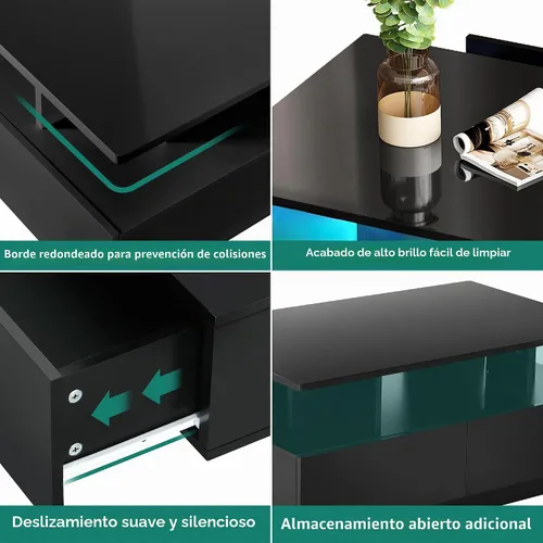 Vista 6 de YITAHOME - Mesa de café LED con almacenamiento, mesas de café LED de alto brillo para sala de estar, mesa de café negra moderna rectangular, mesa
