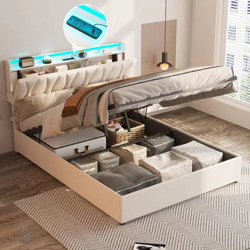 Vista 16 de Fameill - Base de cama tamaño matrimonial con plataforma de almacenamiento abatible, cabecero con altura ajustable y estación de carga, cama