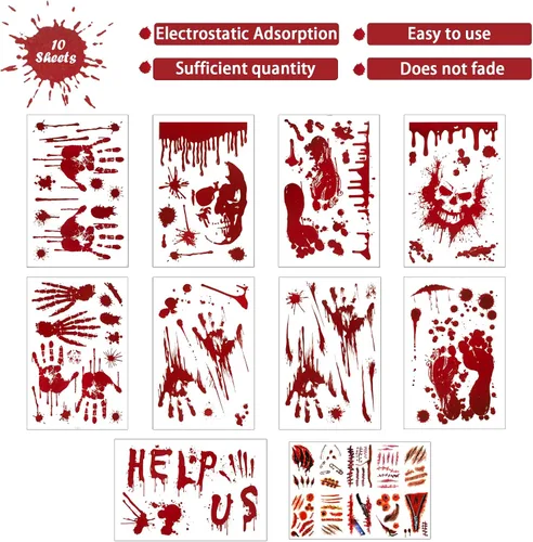 Vista 4 de Decoraciones de Halloween para ventana, 9 hojas, 90 unidades, calcomanías de huellas de manos sangrientas con 10 calcomanías de tatuaje, calcomanías
