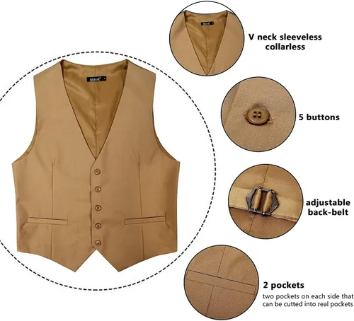 Vista 5 de Alizeal Chaleco de Traje de Negocios Clásico de Color Sólido para Hombre de Ajuste Regular Chaleco de Esmoquin para Boda Caqui