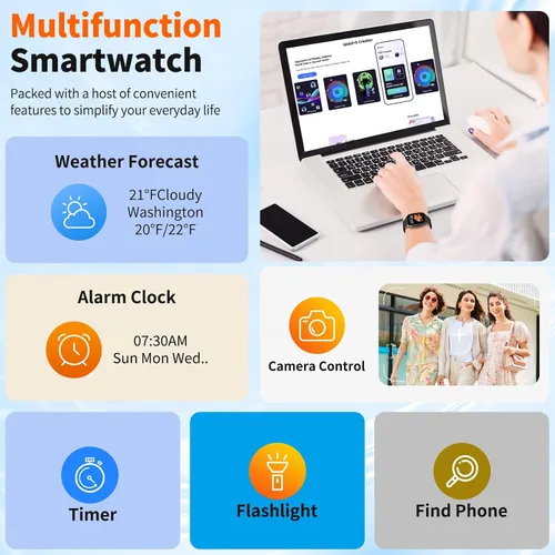 Vista 7 de Reloj inteligente para hombres y mujeres con llamadas Bluetooth, rastreador de fitness con pantalla táctil de 1.85 pulgadas, monitor de frecuencia