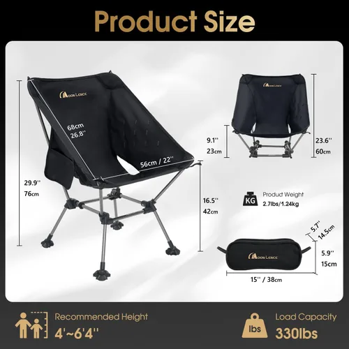 Vista 4 de MOON LENCE Sillas de camping plegables con respaldo alto, altura ajustable, asiento ampliado, para playa con pies antideslizantes (negro-Plus)