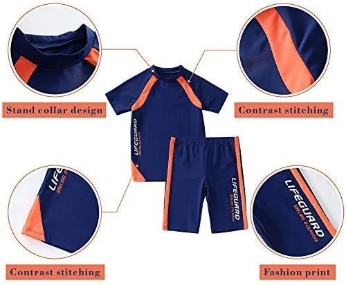 Vista 4 de Boys Swimsuits UPF50+UV Swimwear Set Two Piece Rash Guard with Hat for Kids 4-14 Years