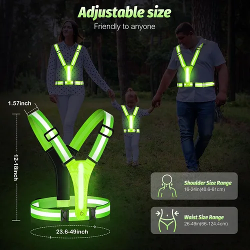 Vista 5 de LED Reflective Running Vest - Light Up With 3 Modes, Rechargeable Night Gear for Runners - Safety Belt for Women Men Verde