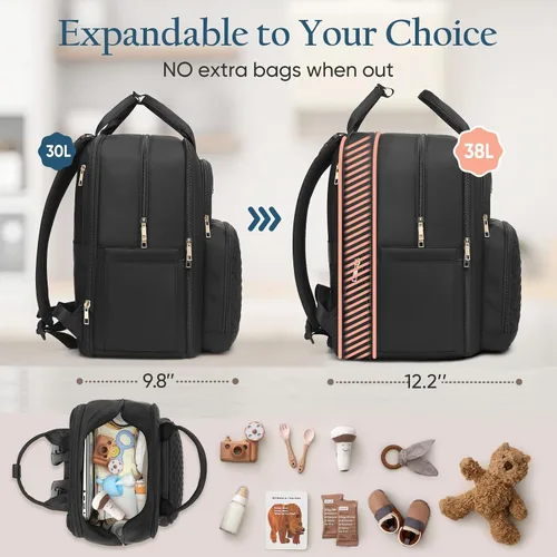 Vista 3 de Mochila para pañales Qualyphant - Bolsa de pañales extra grande para 2 niños gemelos (expandible 30-38L) - Mochila de viaje para bebé con cambiador