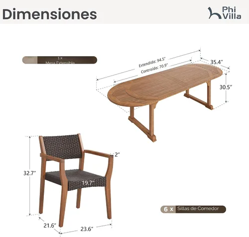 Vista 9 de PHI VILLA Juego de 7 piezas de madera de acacia para comedor al aire libre para 6, mesa y sillas de madera de teak expandibles, gran juego