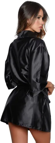 Vista 2 de Besame Babydoll - Conjunto de ropa de dormir de encaje de satén brillante para mujer Kimono negro