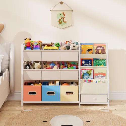 Vista 7 de HAVLOTII Organizador de almacenamiento de juguetes, estantería para niños y almacenamiento de juguetes con 3 estantes para libros y 10 contenedores