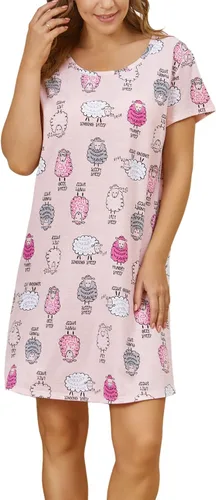 Vista 2 de Inadays Camisón de algodón para mujer, ropa de dormir de manga corta, camisón casual con estampado, vestido de dormir holgado y cómodo pijama