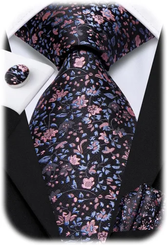 Vista 24 de Hi-Tie Conjunto de corbatas de seda con estampado paisley para hombre, pañuelo de bolsillo y gemelos, conjuntos de corbata formal para negocios a