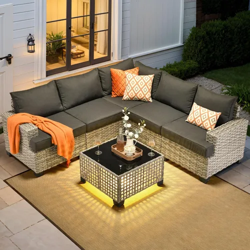Vista 55 de HOOOWOOO Juego de Muebles Seccionales para Patio al Aire Libre, 6 Piezas Juegos de Conversación de Mimbre Sofá en Forma de L, Sofá Extra Profundo
