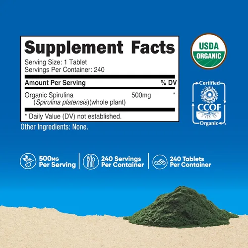 Vista 2 de Nutricost Espirulina orgánica de 500 mg, 240 comprimidos, sin gluten, sin OMG