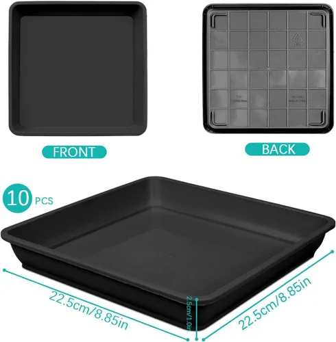 Vista 2 de 10 platillos cuadrados de plástico para plantas, maceta de 8 pulgadas, bandeja de goteo de plástico grueso para jardín, goteos de agua y tierra