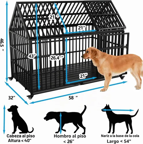Vista 2 de Jaula resistente para perros de 58 pulgadas, jaula para mascotas duradera con techo, 2 puertas, bandejas extraíbles, ruedas con cerradura a prueba