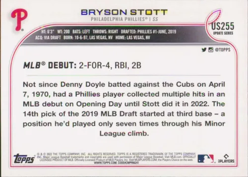 Vista 2 de 2022 Topps Update #US255 Bryson Stott NM-MT Philadelphia Phillies Baseball