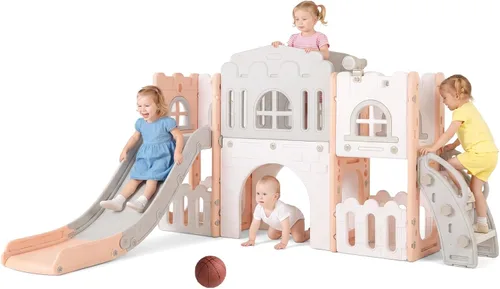 Vista 12 de OLAKIDS Tobogán para niños pequeños, 6 en 1 para interiores y exteriores, con aro de baloncesto, telescopio, almacenamiento de juguetes para niños