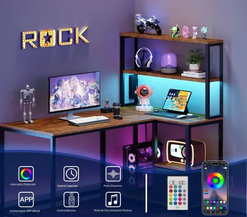 Vista 5 de HOOBRO BF18UDDN01 - Escritorio para juegos en forma de L, escritorio reversible para computadora de 46 pulgadas con luz LED y toma de corriente