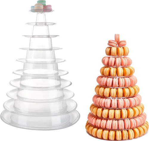 Vista 8 de Torre de macaron de 6 niveles, estante redondo de plástico para macarrones, soporte de postre transparente para tartas, soporte de donas para baby