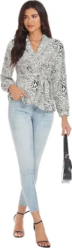 Vista 4 de GRACE KARIN Blusa de trabajo con cuello en V y manga larga tipo farol para mujer
