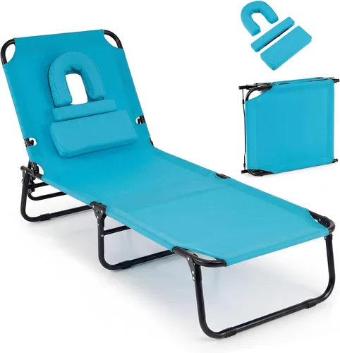Vista 11 de Giantex Silla bronceadora, silla de patio ajustable con orificio para la cara, almohadas extraíbles, correa de transporte, silla de diseño, silla