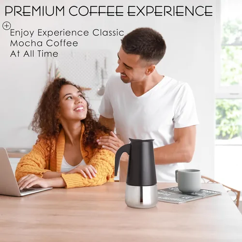 Vista 8 de Mixpresso Cafetera Espresso Greca Negra para Estufa de 6 Tazas 300ml/10oz, Olla Moka con Diseño de Percolador de Café, Cafetera de Acero Inoxidable