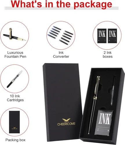 Vista 4 de Cheericome Juego de pluma estilográfica de lujo para hombres y mujeres, bolígrafo de tinta para escritura suave, pluma estilográfica de punta fina