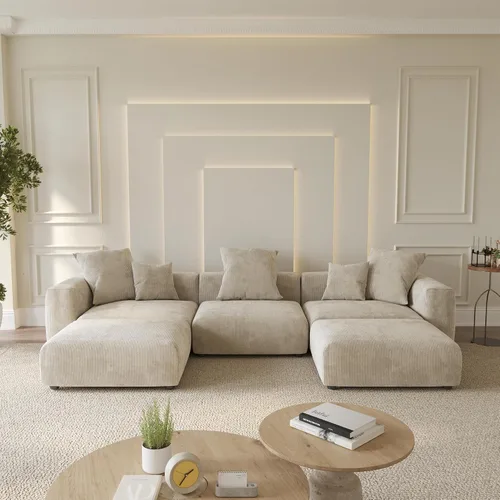 Vista 17 de WJShome Cloud Couch Sofá Seccional Modular, Sofá en Forma de L de 102 pulgadas con Otomana, Sofá de Pana Beige de 3 Asientos, Sofá Seccional