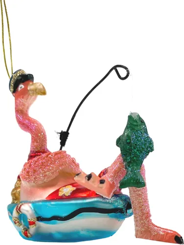 Vista 2 de Adorno de cristal para árbol de Navidad de flamenco de pesca, decoración náutica de playa rosa, accesorios para colgar, 5 x 2 x 4 pulgadas
