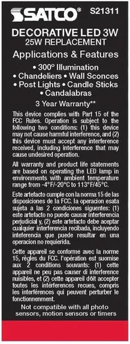 Vista 8 de Satco S21311/06 - Bombillas LED E26 de 3 W, 2700 K, clasificación de 15000 horas, regulables, paquete de 6