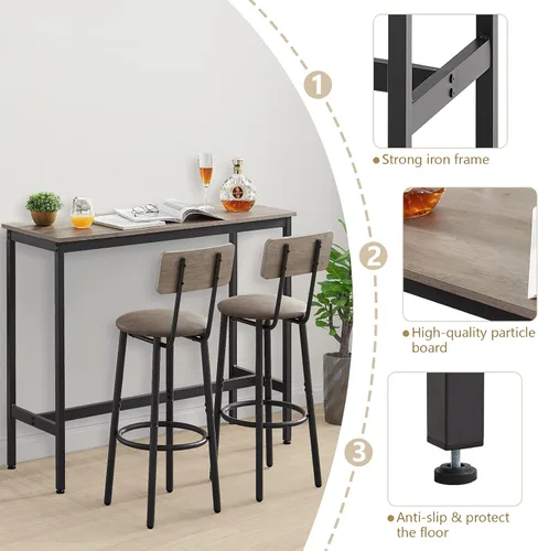 Vista 3 de Juego de mesa de bar y 2 sillas, 3 piezas para espacios pequeños, mesa de comedor rectangular para 2 mesas de bar de altura de mostrador con 2 Gris