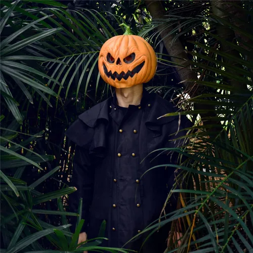 Vista 6 de HugOutdoor Máscara de calabaza aterradora de Halloween, accesorios de disfraces de látex, máscara de cabeza de calabaza para fiesta