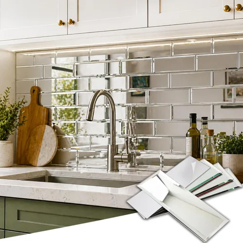 Vista 35 de Diflart 32 azulejos de espejo para despegar y pegar, plateado, 3 x 3 pulgadas, espejo biselado cuadrado para cocina, azulejos de pared