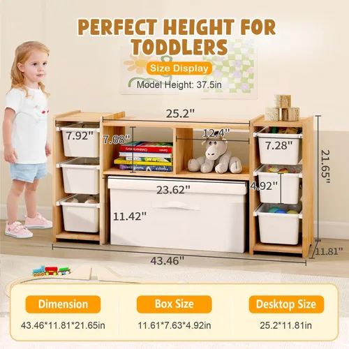 Vista 2 de MallBest Estantería Montessori para Niños - 100% Madera de Pino Maciza con 6 Cajones Plásticos Extraíbles, Organizador de Almacenamiento de Juguetes