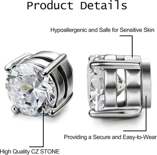Vista 3 de HENGYID Juego de 4 pares de aretes magnéticos de acero inoxidable para hombres y mujeres, con imán de circonita cúbica sin perforaciones, 0.236in