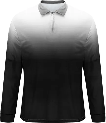 Vista 4 de Camisas para hombres de moda grande y alto de manga larga, color degradado, con cremallera de un cuarto, camiseta polo casual suelta deportiva