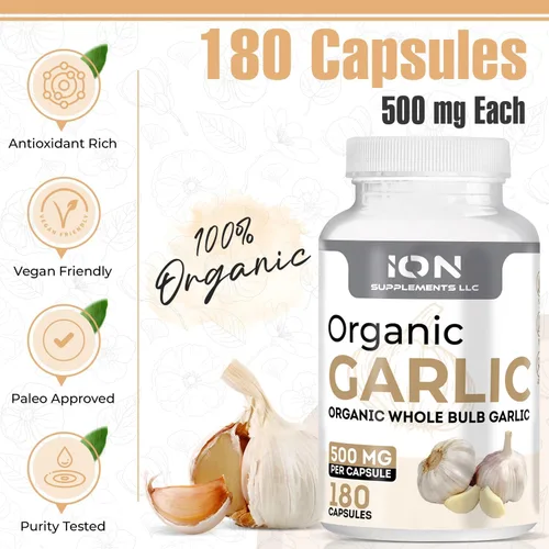 Vista 2 de Suplementos iónicos Cápsulas de ajo de bulbo entero orgánico a base de hierbas 500 mg por tapa, 180 cápsulas Sin rellenos ni agentes de flujo