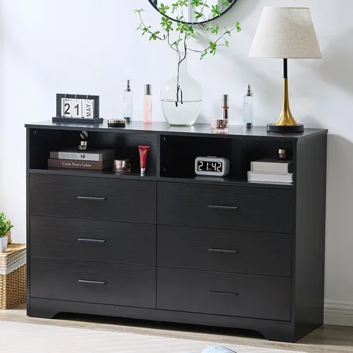 Vista 22 de LIDYUK Cómoda negra para dormitorio, cómoda de 6 cajones y cómodas, cómoda de madera moderna, cómoda de 48 pulgadas de ancho para dormitorio