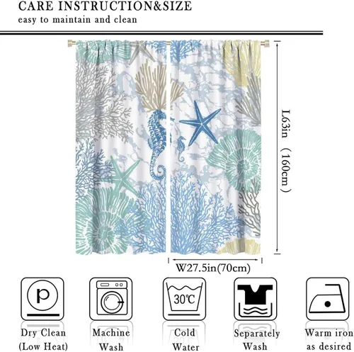 Vista 69 de Cortinas de decoración de playa con océano azul, peces náuticos costeros playeros de verano, conchas marinas, temática infantil, dormitorio, sala
