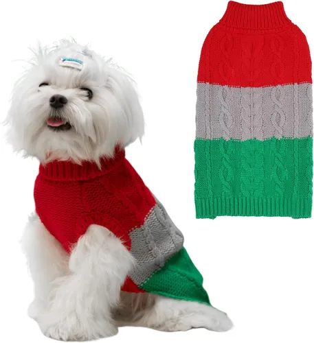 Vista 15 de EXPAWLORER Suéter para perro con agujero para correa, suéteres de otoño para perros pequeños para niñas y niños, ropa clásica de punto de cuello