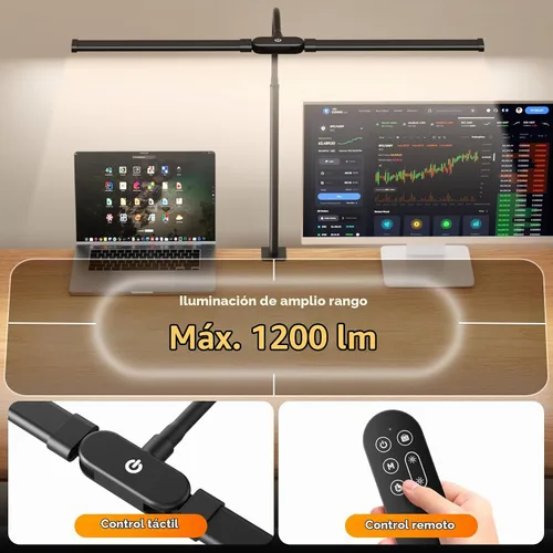 Vista 4 de SKYLEO Lámpara LED de escritorio con abrazadera, luz de escritorio de doble cabezal con control remoto y táctil, protección ocular, 12 W, 5 modos