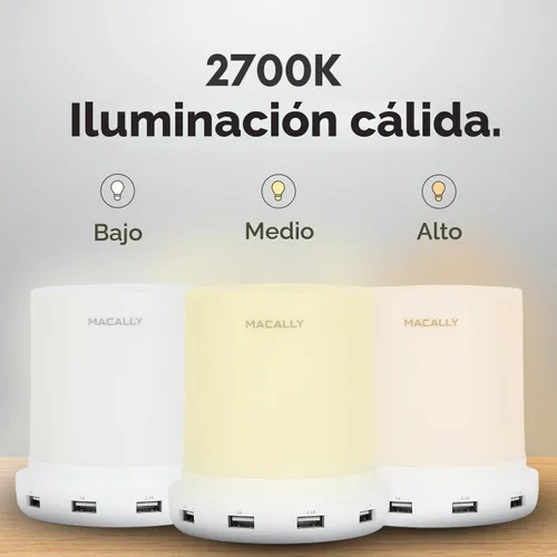 Vista 4 de Macally - lámpara LED para escritorio, mesa de luz, mesilla de noche con 4 puertos de carga USB. 3 niveles de brillo, control táctil, luz blanca