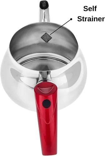 Vista 5 de Juego de tetera turca de acero inoxidable para estufa, tetera doble con colador, asas rojas, calentador de agua Samovar para té turco