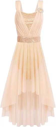 Vista 4 de ODASDO Vestido de baile lírico moderno y contemporáneo para mujer, disfraz de lentejuelas de tul de malla, falda alta y baja, ropa de ballet