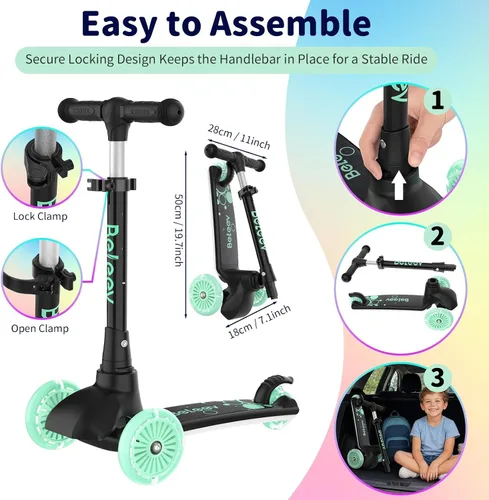 Vista 6 de BELEEV Scooter A4 para niños de 2 a 6 años, cubierta iluminada y ruedas Aqua Negro