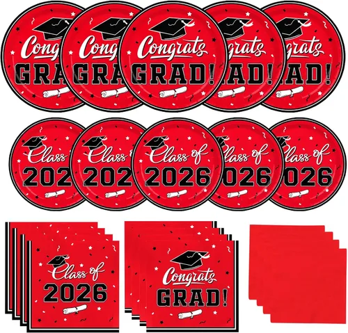 Vista 11 de Platos y servilletas de fiesta de graduación, decoraciones de graduación de clase de 2026, platos de papel desechables negros y dorados, servilletas