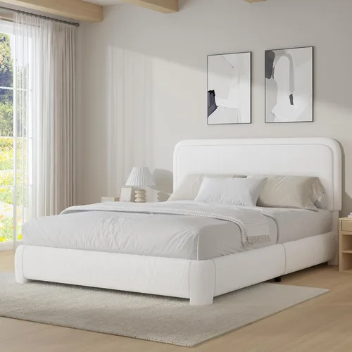 Vista 26 de BarnFurin Base de cama individual con cabecero, cama de plataforma tapizada Cloud Boucle, esquinas redondeadas suaves, no necesita somier, Beige