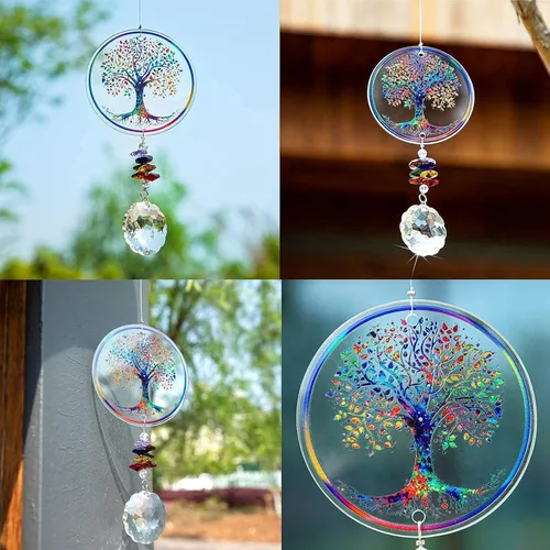 Vista 6 de Adorno colgante de chakra prisma de cristal con diseño de árbol de la vida K9 Crystal Glass Tree of Life Suncatcher Window Car Home Decor Rainbow